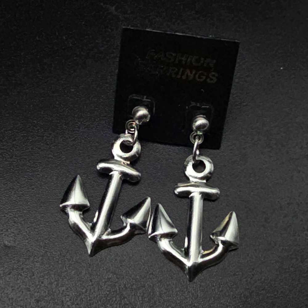 Silver Tone Boat Anchor Earrings Pierced Dangle Drop Sailing Vintage 1980s NOS